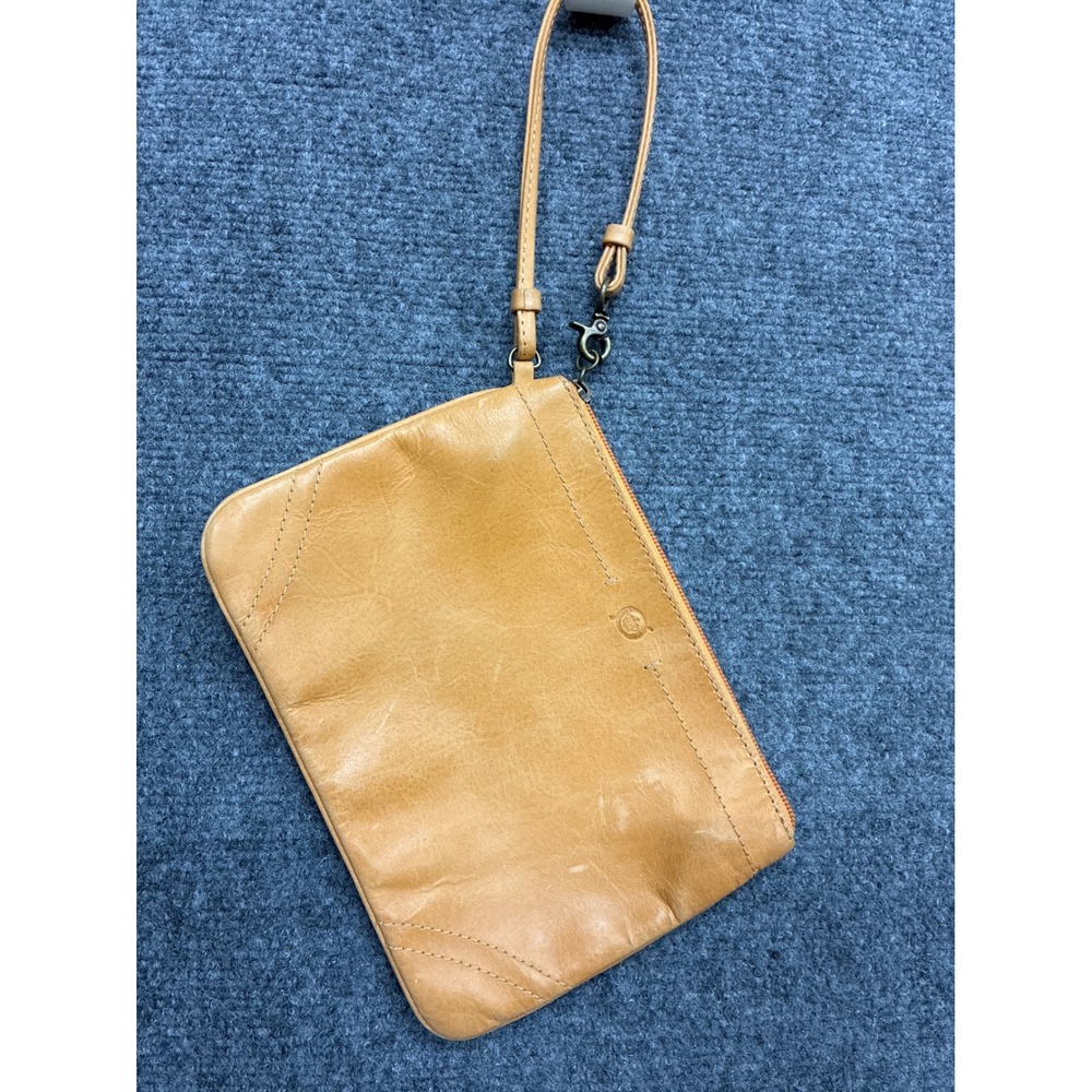 Born Tan Leather Wristlet Clutch Zip Top Pouch Tan Honey Orange Zip